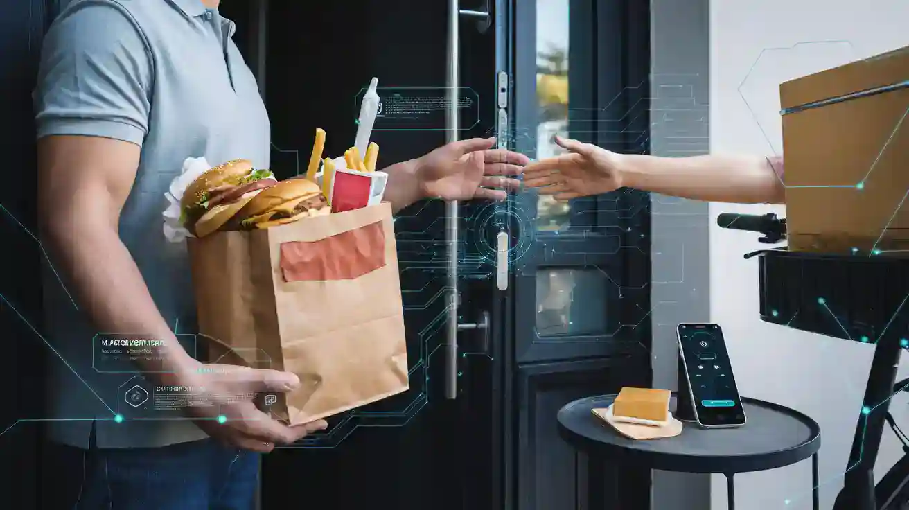 High-quality uniform delivery with a digital transaction, customer receiving package from delivery person in a modern setting, emphasizing reliable service and contemporary logistics.