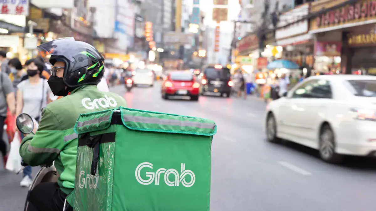 Delivery rider wearing custom green uniform and helmet in busy city street, urban fashion, safety gear, professional attire for food delivery services, modern workwear, Grab courier uniform design, high-visibility clothing for logistics.