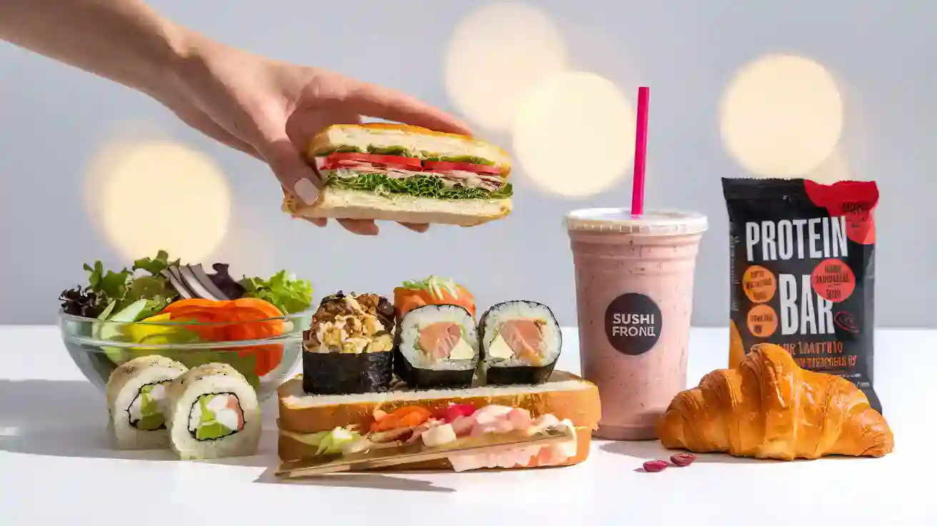 Sushi and sandwich meal with protein bar and coffee on white surface.