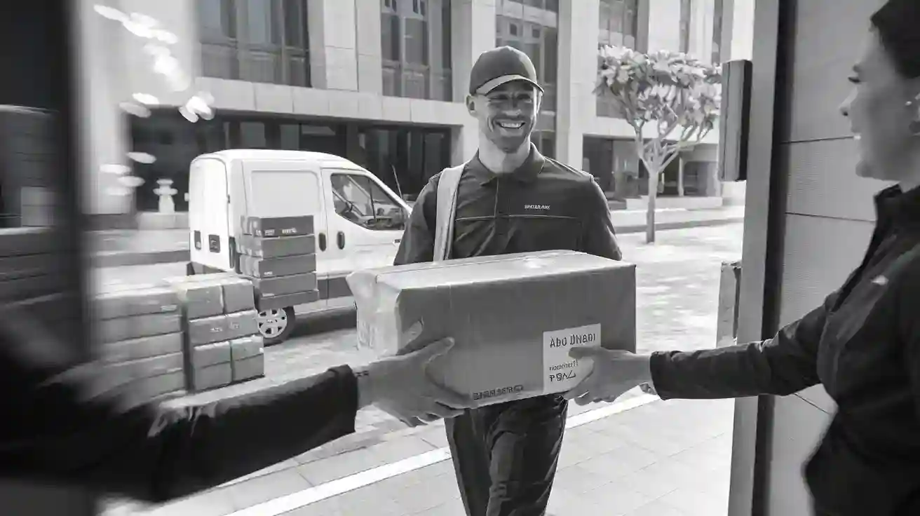 Delivery person exchanging a package outside a building, showcasing professional uniform clothing suitable for workwear manufacturers.