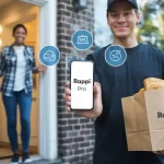 Modern delivery person demonstrating curbside service with Rappi app on smartphone, holding food bag, outdoors near a house.