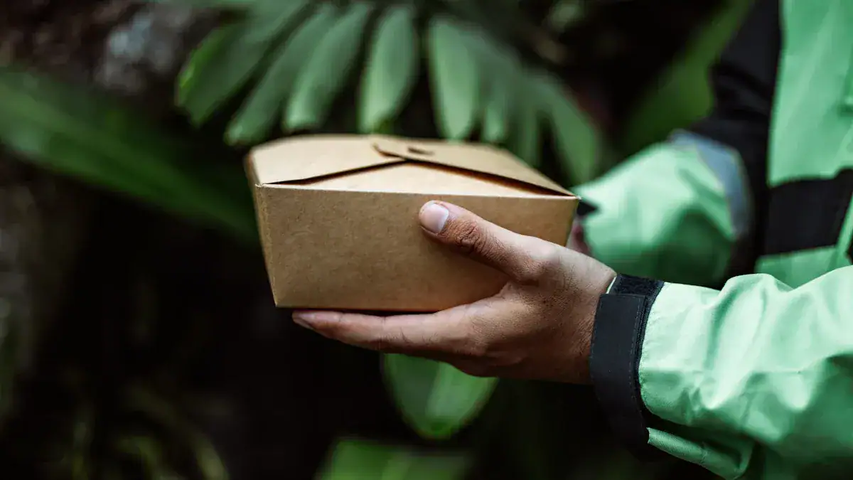 Eco-friendly food packaging box held by a person in a green jacket, emphasizing sustainable packaging solutions.