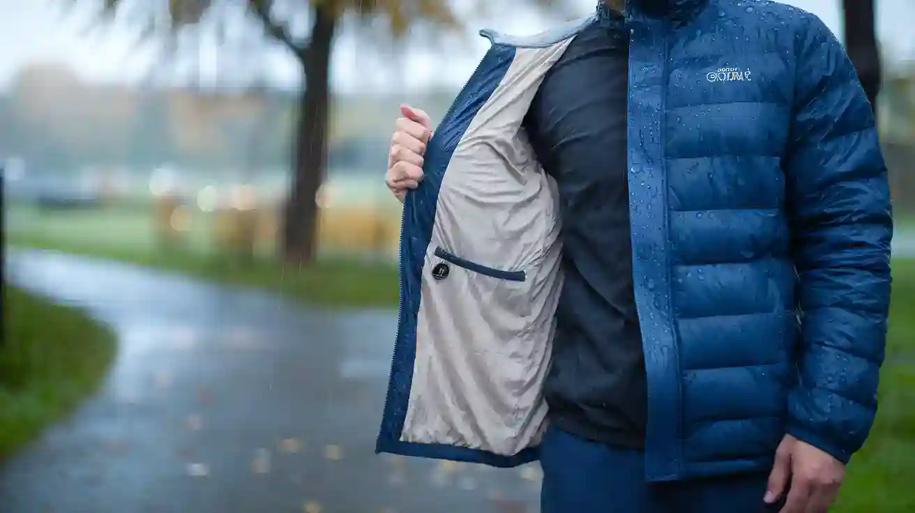 Waterproof blue jacket with insulated lining, suitable for outdoor work and cold weather, featuring the "custom clothing" logo on the chest.