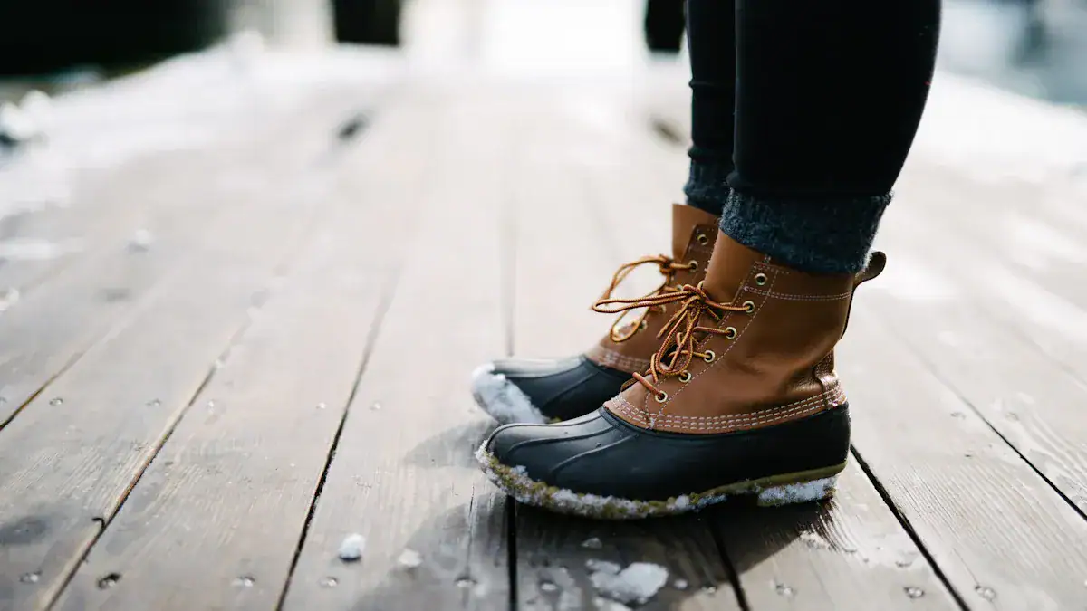 Waterproof winter boots designed for cold weather and snow, featuring sturdy soles and insulated materials for warmth and durability. Perfect for outdoor workers or winter outdoor activities.