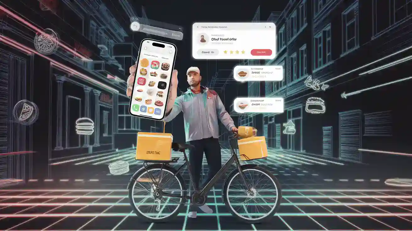 Custom workwear uniforms displayed with digital interfaces and delivery boxes for efficient logistics.