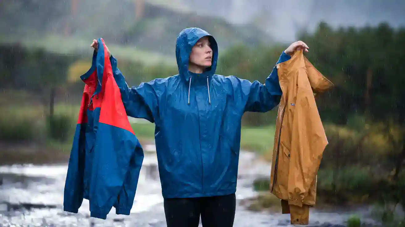 Wearing a waterproof rain jacket in heavy rain, a woman holds dry jackets in each hand outdoors, showcasing high-quality rainwear suitable for outdoor work or activities.
