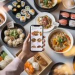 Delicious Asian cuisine with sushi, ramen, dumplings, and rice dishes served in black and white bowls on a white table. A person holds a smartphone displaying a food ordering app.