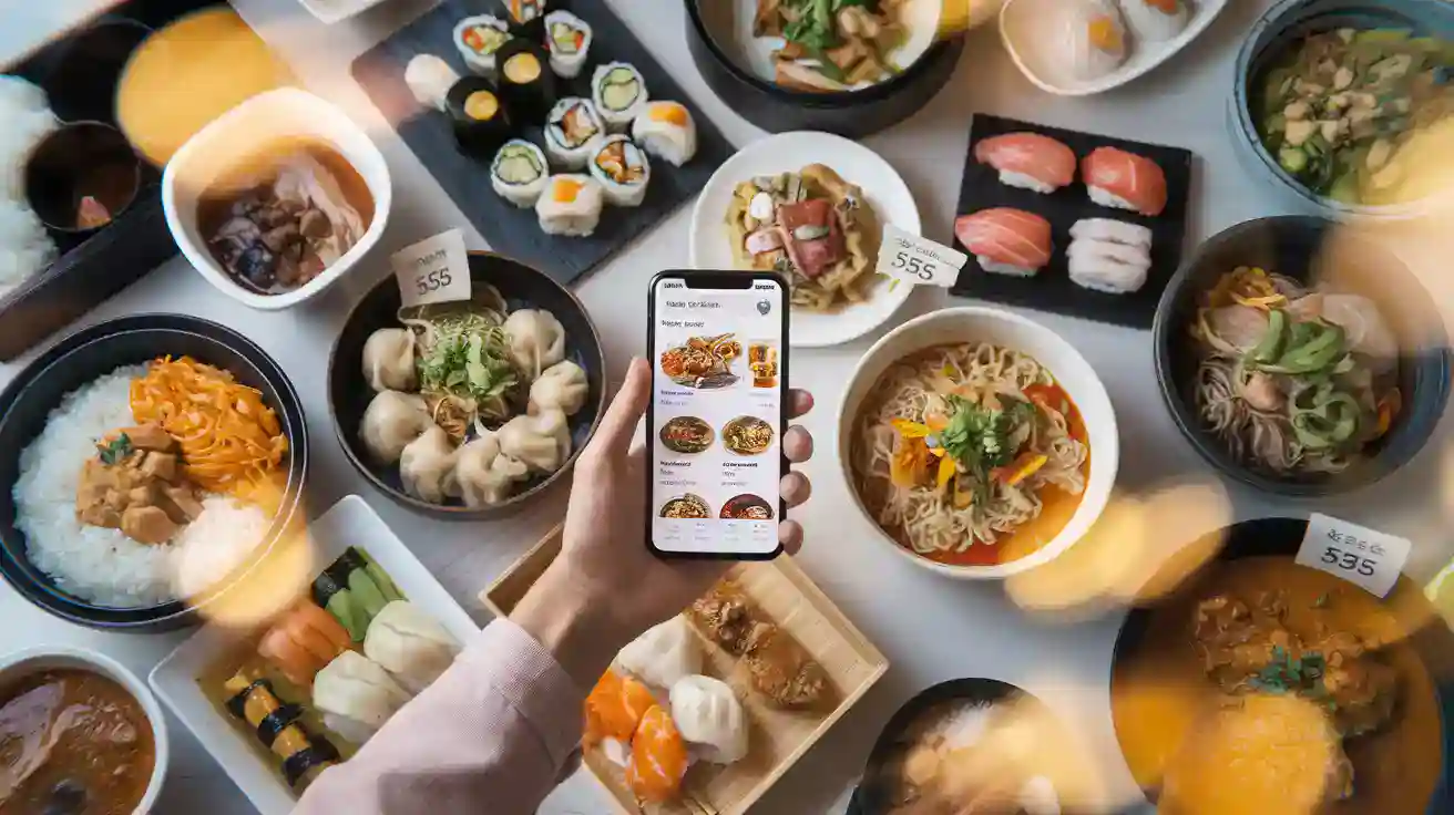 Delicious Asian cuisine with sushi, ramen, dumplings, and rice dishes served in black and white bowls on a white table. A person holds a smartphone displaying a food ordering app.