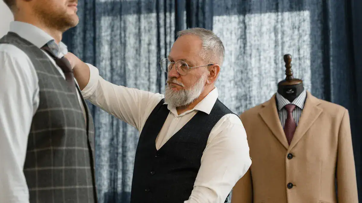 Custom tailored men's suits fitting at a designer clothing shop, showcasing professional clothing manufacturing in China.