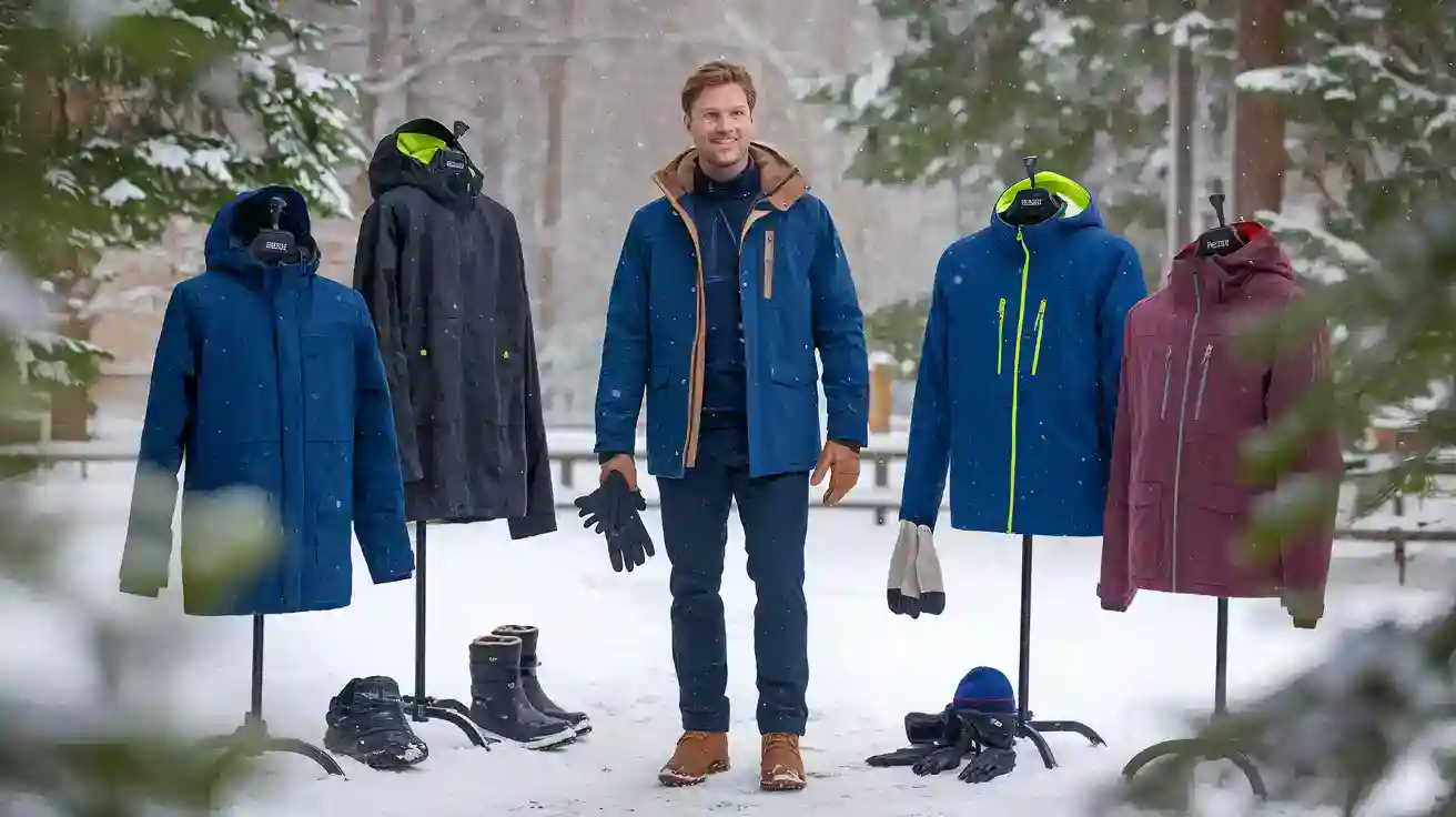High-quality custom winter jackets displayed outdoors, showcasing waterproof and insulated designs for cold weather workwear by China’s leading uniform manufacturer.