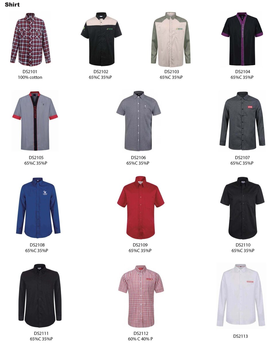 Adult workwear shirt styles displayed on a product board