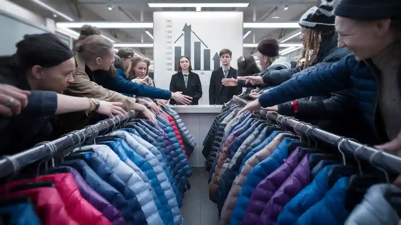 Colorful winter jackets on display racks at a clothing manufacturing showroom in China.