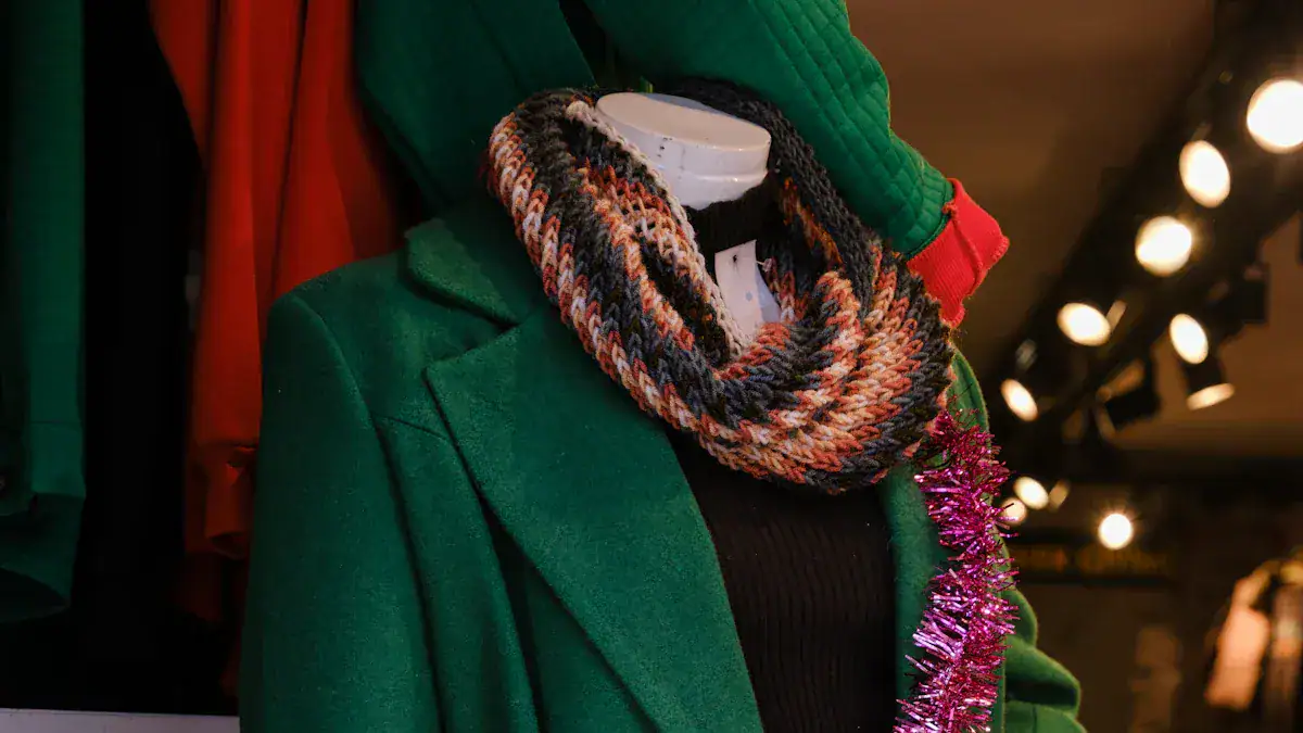 Handmade multicolored knitted scarf displayed on a mannequin dressed in a green coat, showcasing custom clothing and winter apparel from a China manufacturer.