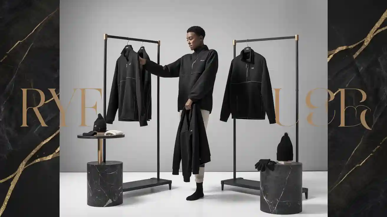 Black custom uniform jackets displayed on clothing racks in a modern showroom with marble accents. Perfect for workwear, corporate uniforms, or promotional apparel. The scene highlights professional attire presentation.