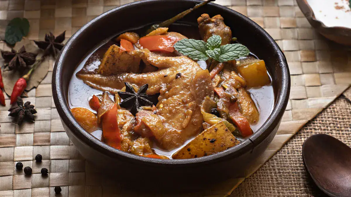 Savory Indian vegetable curry served in a black bowl with spices and fresh herbs, on a woven mat with star anise and chili peppers for an authentic culinary presentation.