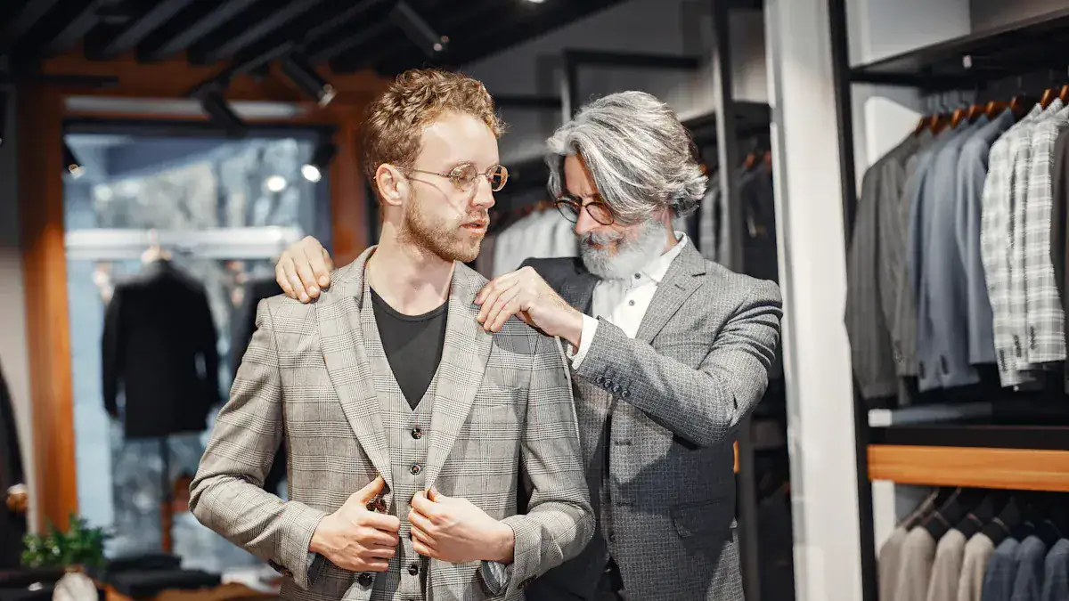 Elegant men’s tailored plaid suits being fitted in a clothing store, highlighting custom clothing uniform manufacturing in China for professional and formal apparel.