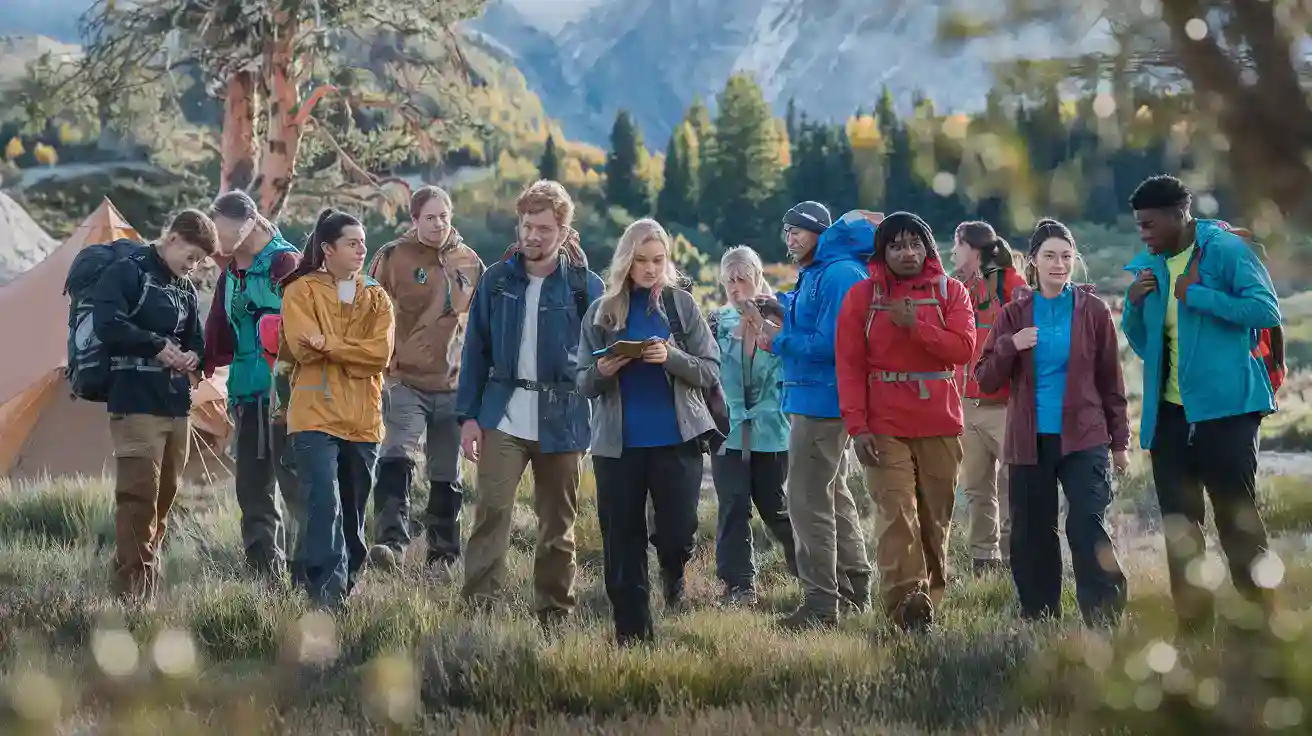 Diverse group of hikers wearing colorful outdoor workwear and uniforms on a mountain trail, showcasing custom clothing and uniforms from a China-based manufacturer for outdoor, adventure, and workwear needs.