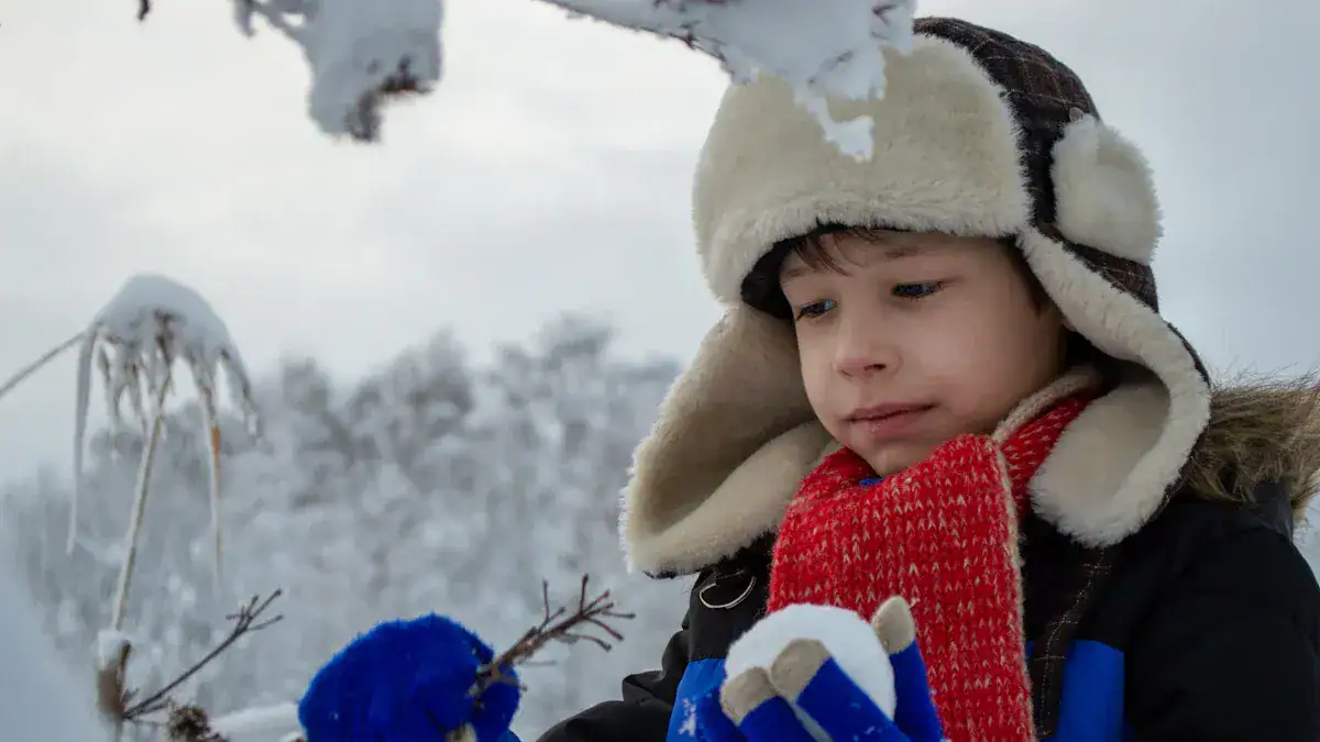 Warm winter clothing for children, including hats, scarves, and gloves, suitable for cold weather and snow. Perfect for outdoor activities and winter sports.
