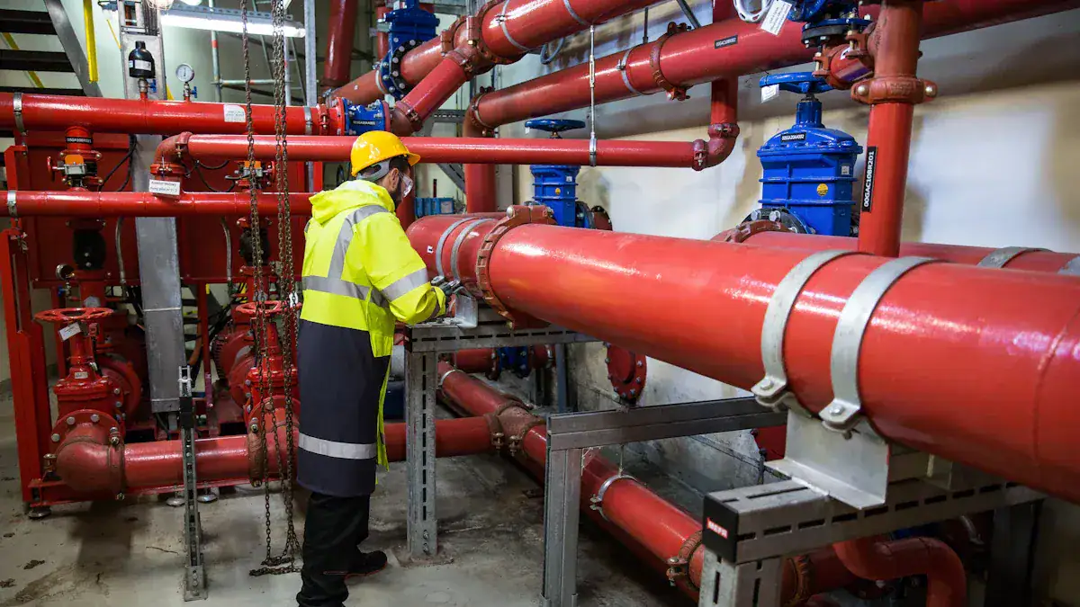 Industrial worker inspecting red fire sprinkler pipes and valves in a building's fire suppression system.