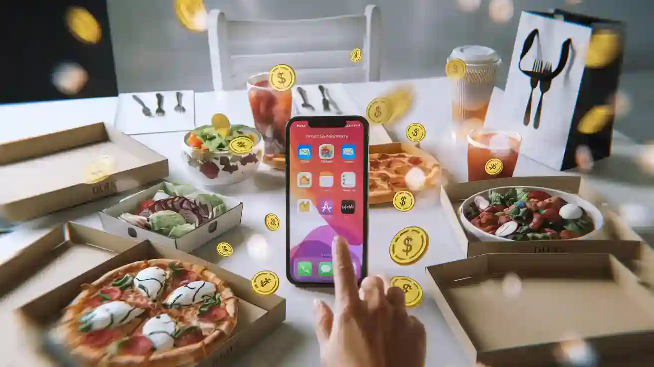 Free, artificial coins falling around a person interacting with a smartphone on a table with food and drinks, representing online shopping and digital transactions.