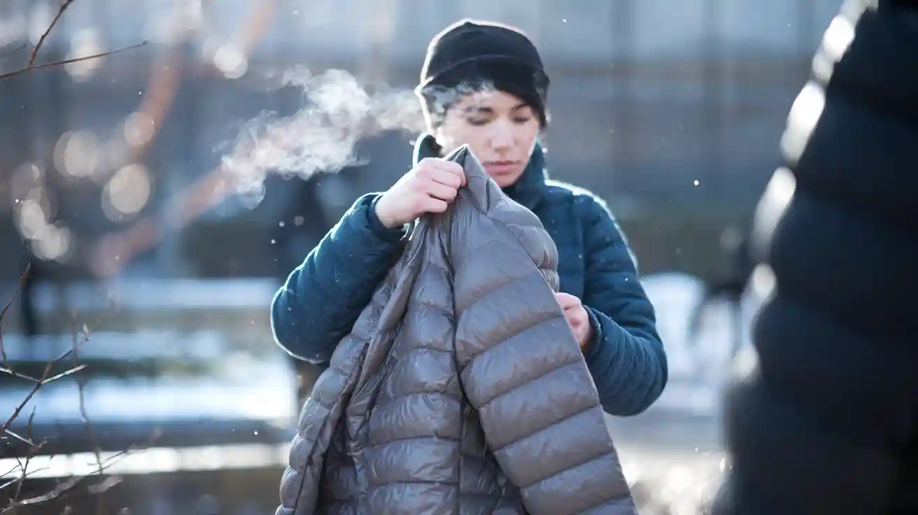 Warm insulated work jacket being inspected outdoors in cold weather by a worker.