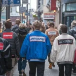 Custom workwear jackets for men on busy city street, showcasing high-quality uniforms from China manufacturer. Perfect for corporate identity, safety, and style in professional environments.