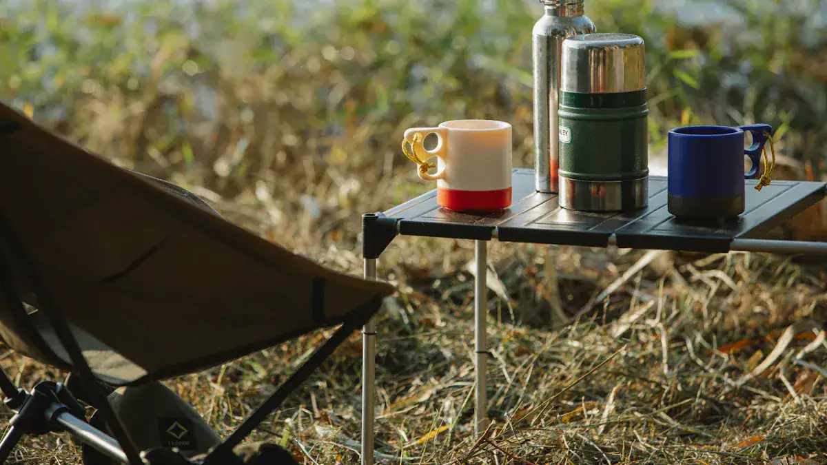 Bright outdoor camping scene featuring a foldable table with thermos and mugs, set amidst natural surroundings with dry grass and sunlight for a cozy adventure vibe.