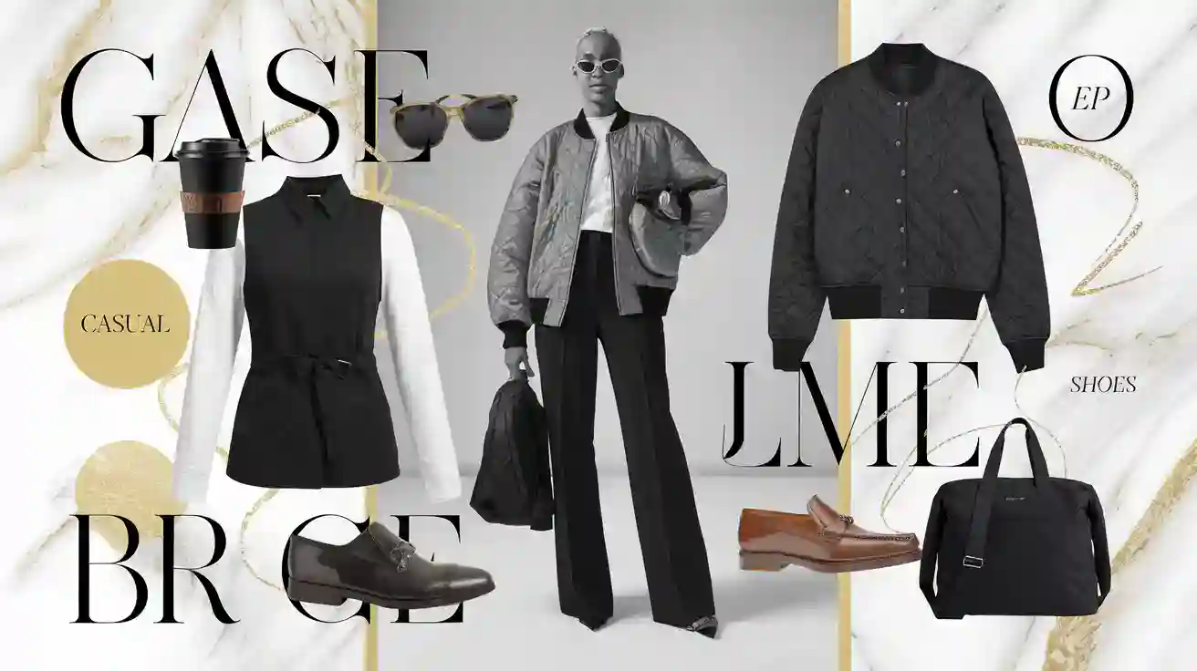 Fashionable casual women's outfit with jacket, trousers, and accessories for modern style.