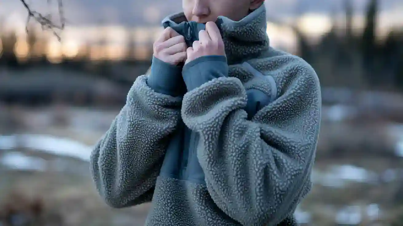 Warm fleece outdoor jacket with high collar, suitable for cold weather activities and workwear.