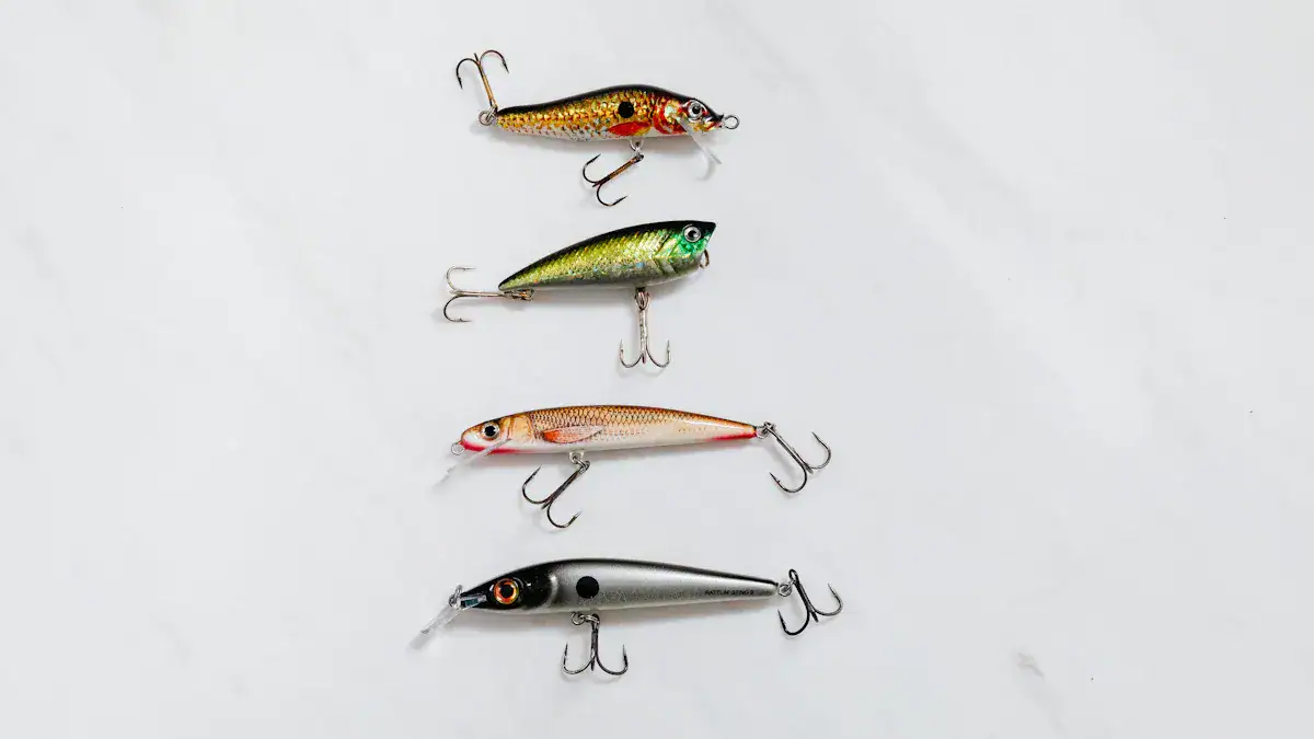 Brightly colored fishing lures designed to attract fish, with realistic fish patterns and sharp hooks for fishing enthusiasts and commercial use.