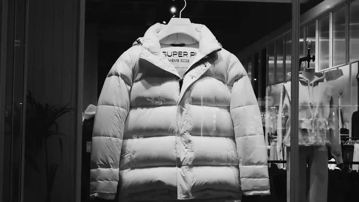 High-quality white puffer jacket displayed in a retail store window, emphasizing custom clothing manufacturing and OEM uniforms from China. Perfect for workwear and winter apparel needs.