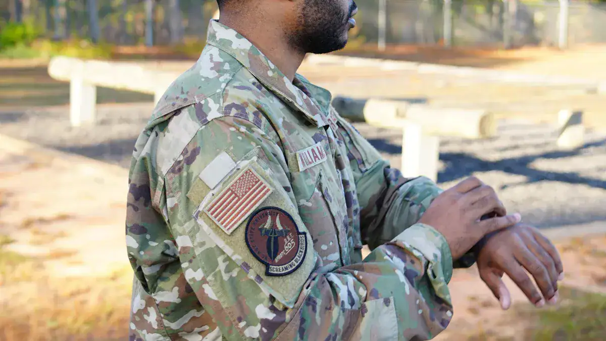 High-quality military camouflage uniform with patches, including the American flag and tactical insignia, designed for durability and performance in outdoor and combat environments.
