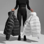 Down jacket, black and white puffer coats, stylish winter outerwear, fashion-forward puffer jackets for women, made in China, custom clothing manufacturer, workwear uniforms supplier.