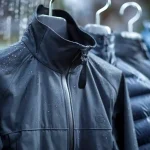 Waterproof work jackets hanging outdoors, designed for durability and rain protection in industrial environments. Custom uniforms for workers to perform efficiently in any weather conditions.