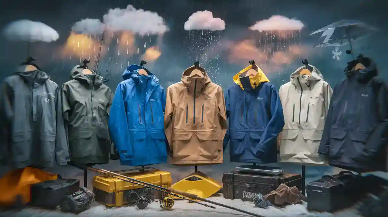 Waterproof outdoor jackets displayed on mannequin stands with fishing and outdoor gear accessories in a retail store.