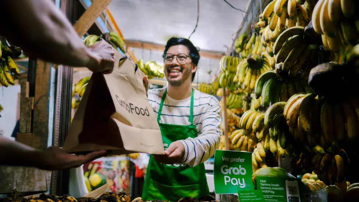 Custom clothing uniforms for food delivery workers in China, featuring branded aprons and safety gear at market distribution points.