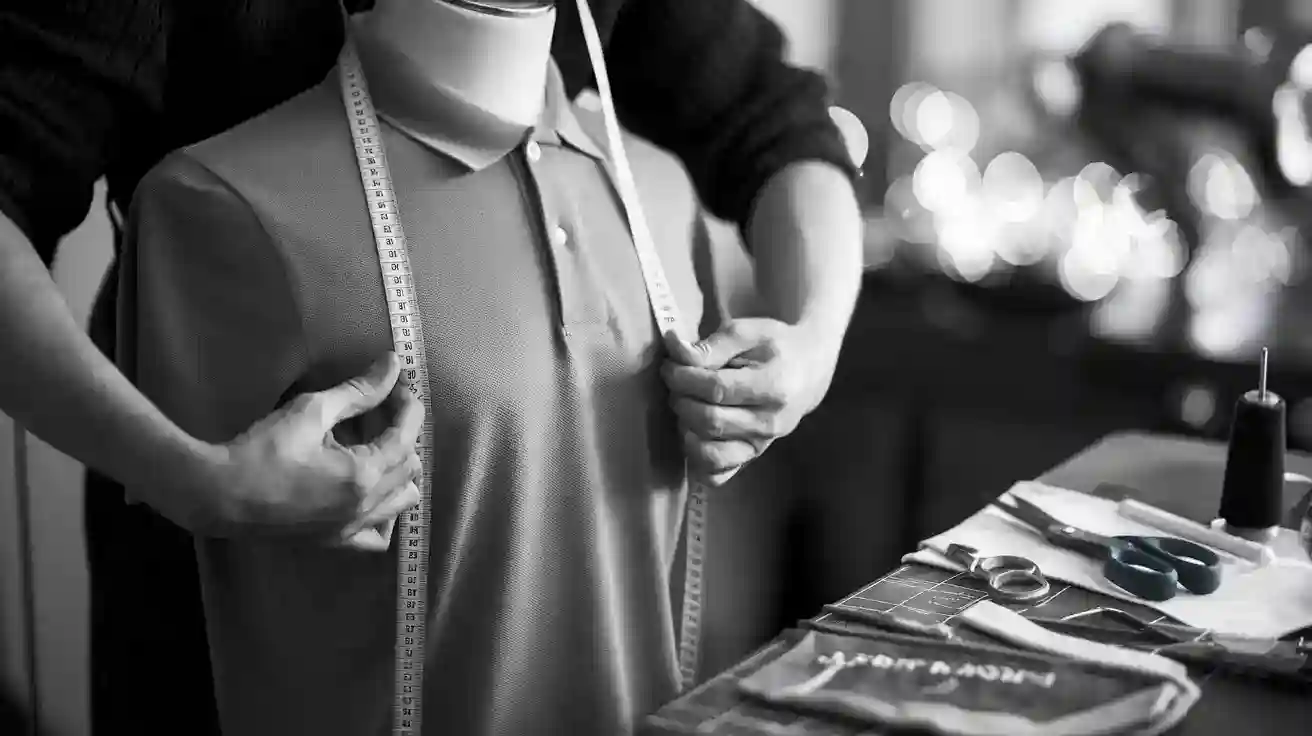 Precise measurement of a custom uniform being taken in a tailoring workshop.