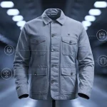 High-quality customizable work jacket showcased on a mannequin, ideal for industrial and manufacturing environments, with adjustable pockets and durable fabric for workwear needs.