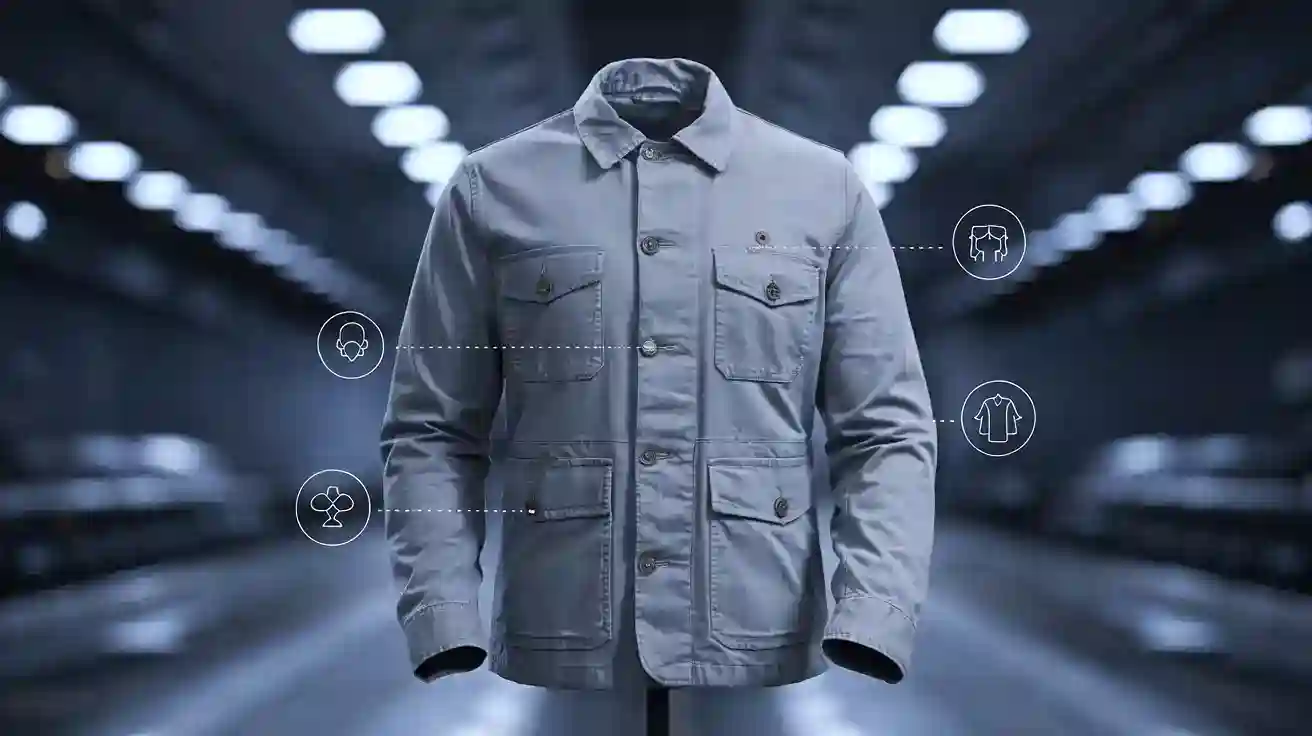 High-quality customizable work jacket showcased on a mannequin, ideal for industrial and manufacturing environments, with adjustable pockets and durable fabric for workwear needs.