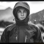 High-quality waterproof outdoor jacket worn by a woman in a rainy mountain landscape, designed for hiking and outdoor activities. Perfect for weather-resistant, durable outdoor clothing.
