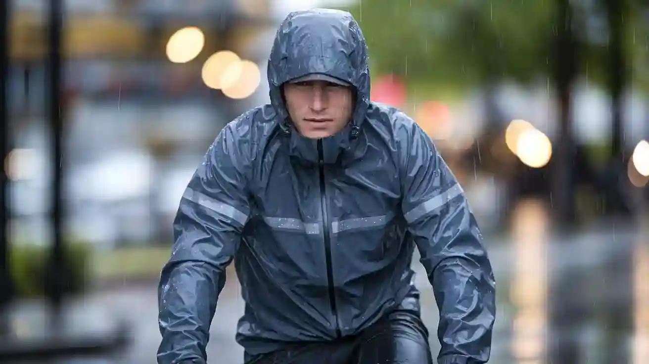 Водонепроницаемая куртка-дождевик, которую велосипедист надевает в дождливую погоду для работы или занятий спортом на открытом воздухе.