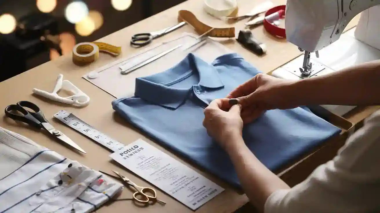 Custom embroidered blue polo shirt sewing process at a garment factory, showcasing tailoring, sewing machine, and clothing finishing.