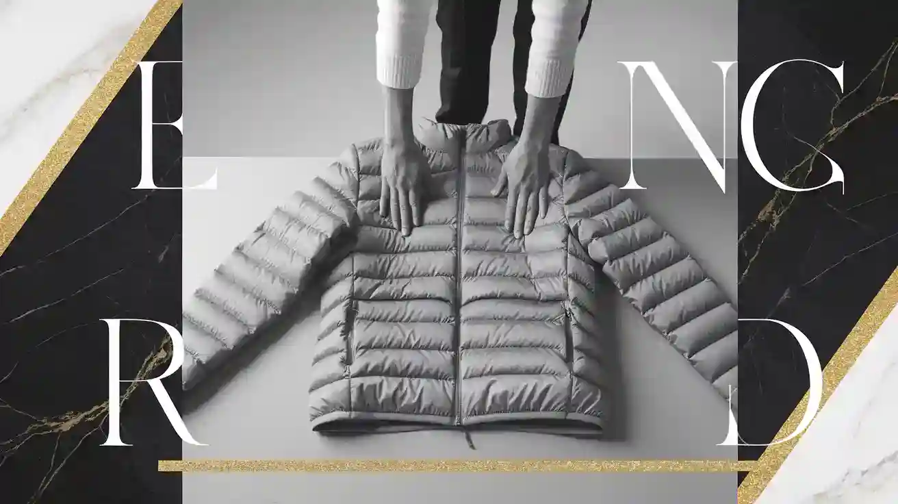 High-quality custom puffer jacket displayed on a flat surface with person holding the collar, highlighting the craftsmanship and material for workwear uniforms.