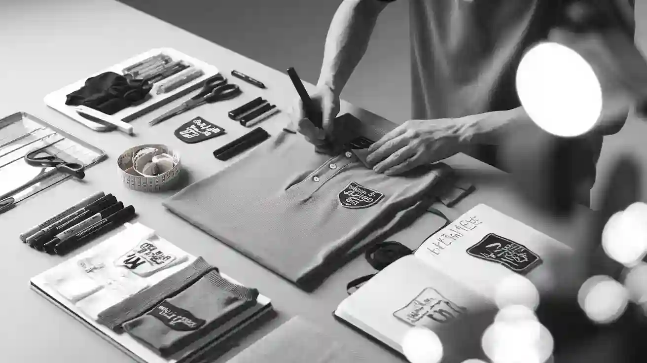 Custom workwear shirts with embroidered logos, sewing tools, and fabric samples on a work table for clothing manufacturing.