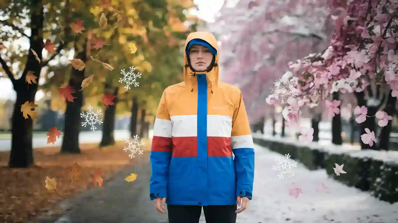 Colorful waterproof rain jacket with hood in orange, white, red, and blue, worn by a woman standing outdoors in a park during autumn.