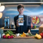 High-tech kitchen with holographic food display and a person scanning ingredients on a smartphone, showcasing innovative meal preparation technology.