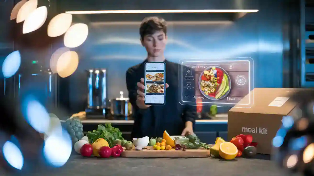 High-tech kitchen with holographic food display and a person scanning ingredients on a smartphone, showcasing innovative meal preparation technology.