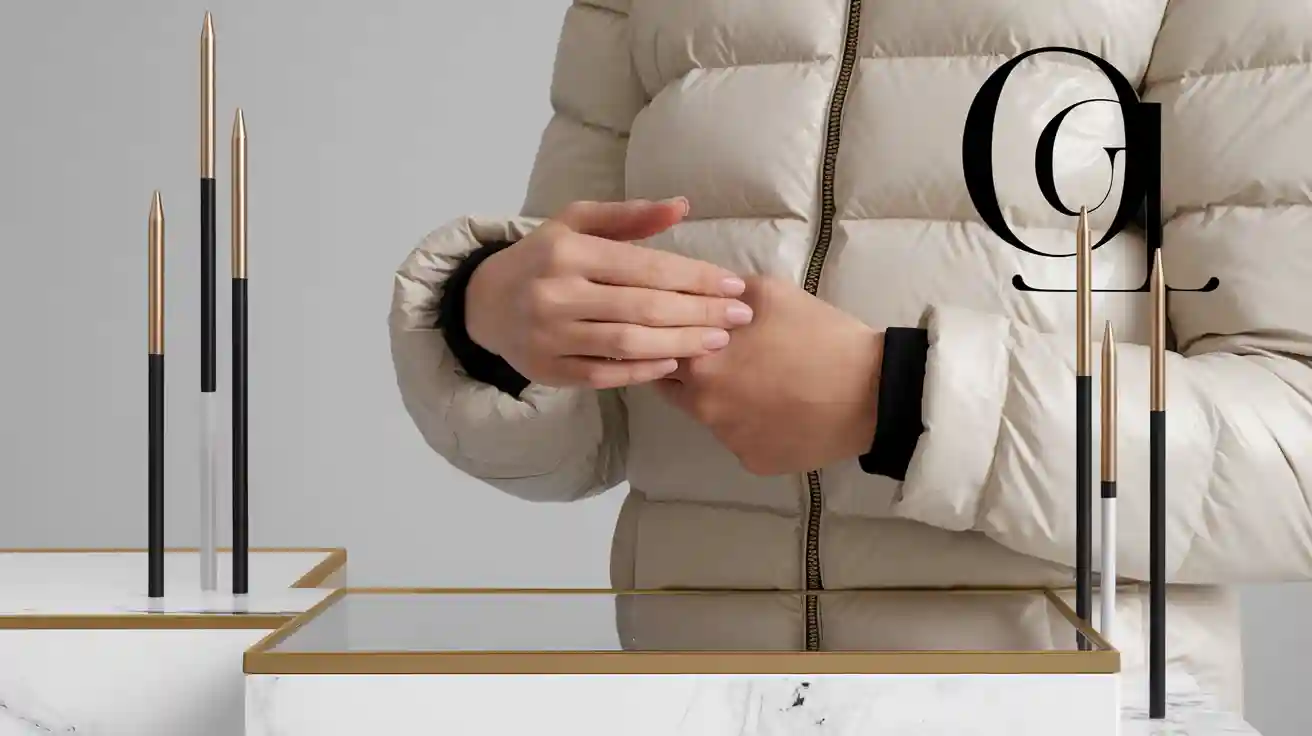Elegant beige puffer jacket with black cuffs, paired with a modern white table decorated with sleek gold and black pens, creating a sophisticated workspace aesthetic.
