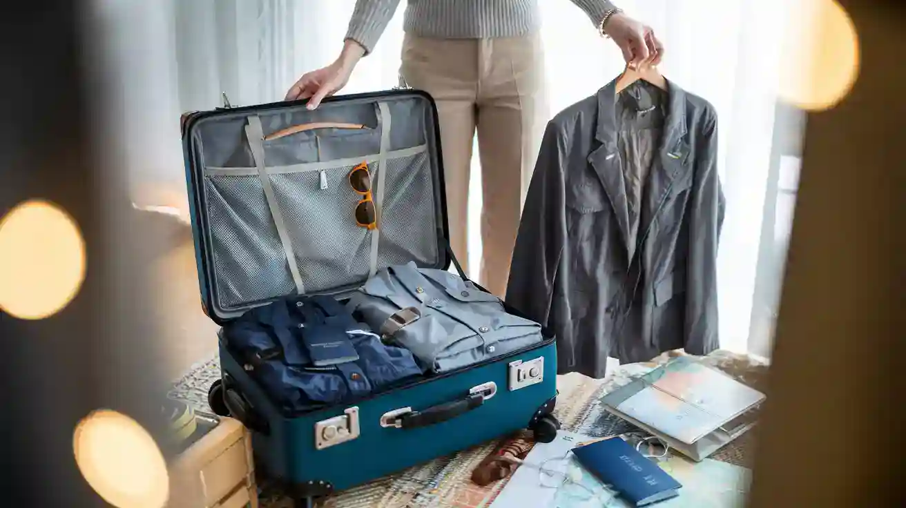 Professional travel luggage packed with work uniforms and accessories for business trips.