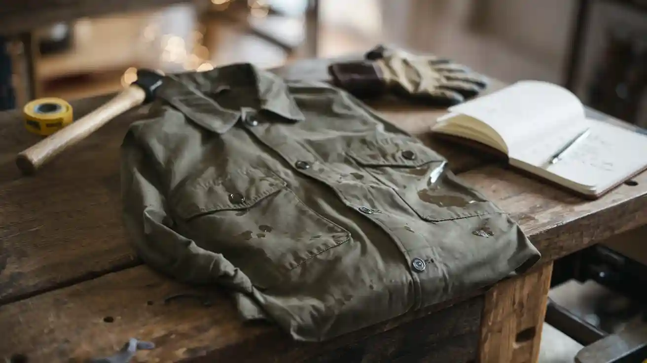 Workwear uniform shirt with water stains on a rustic wooden workbench in a workshop setting.